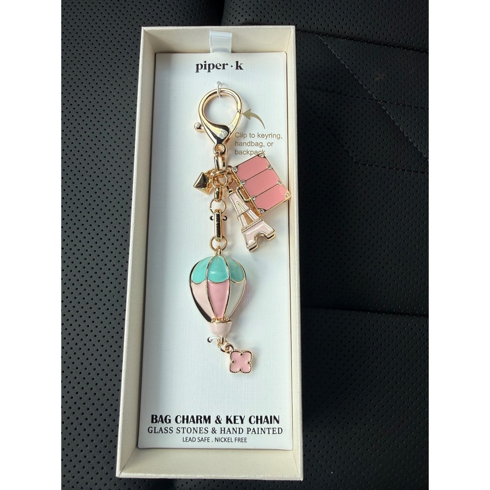 Piper K Paris‎ Bag Charm Keychain Hot Air Balloon Eiffel Tower Pink Gold NIB